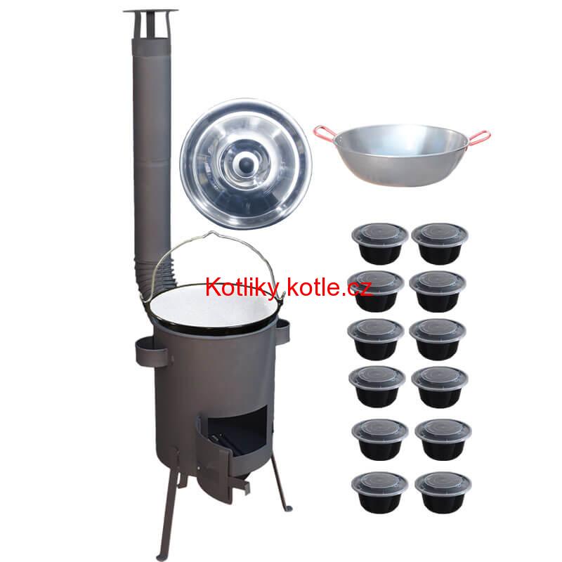 Smaltovaný kotlík 22 L + Pánev PAELLA (WOK) 45 cm + misky 12 ks + žáruvzdorná kotlina 42 PLUS 600 s roštem na popel 4 mm