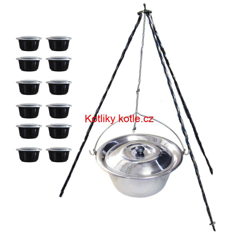 Nerezový kotlík 14 L (0,8 mm) INOX + poklice + trojnožka 1,20 m + misky 12 ks