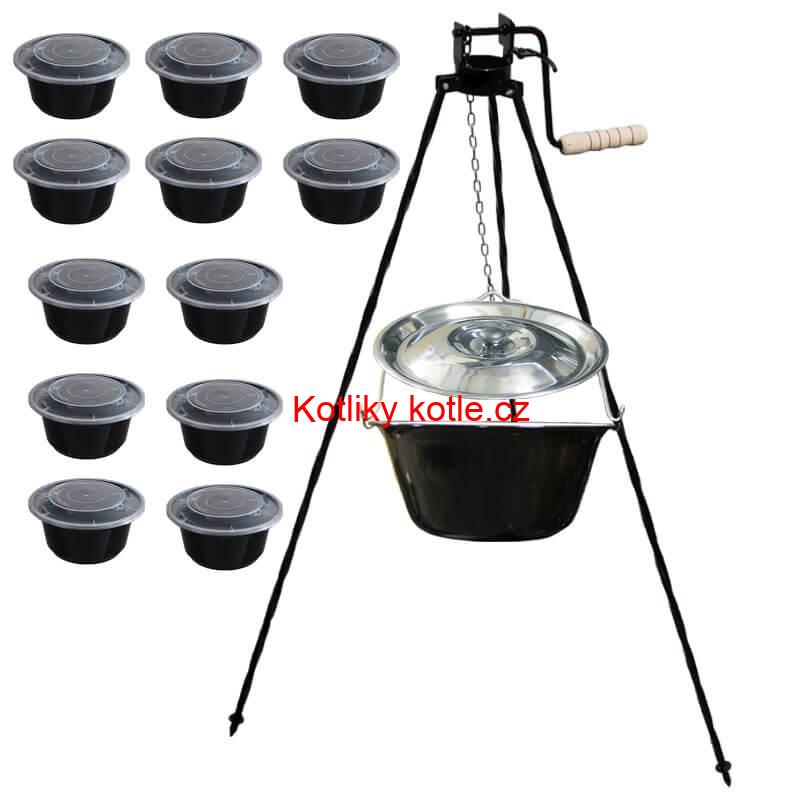 Smaltovaný kotlík 25 L + stojan s kladkou VAR + misky 12 ks