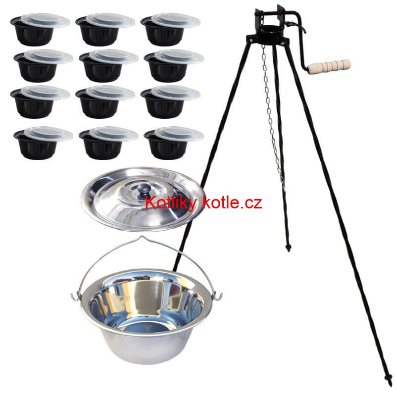 Nerezový kotlík 20 L (0,8 mm) INOX + stojan s kladkou VAR + misky 12 ks