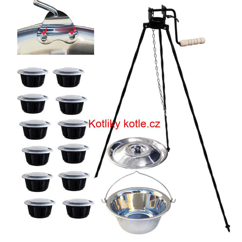 Nerezový kotlík 15 L (0,8 mm) s nýty + stojan s kladkou VAR + misky 12 ks