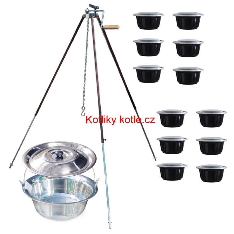 Nerezový kotlík 20 L (1,2 mm) + teleskopická trojnožka s pojistnou kladkou + misky 12 ks