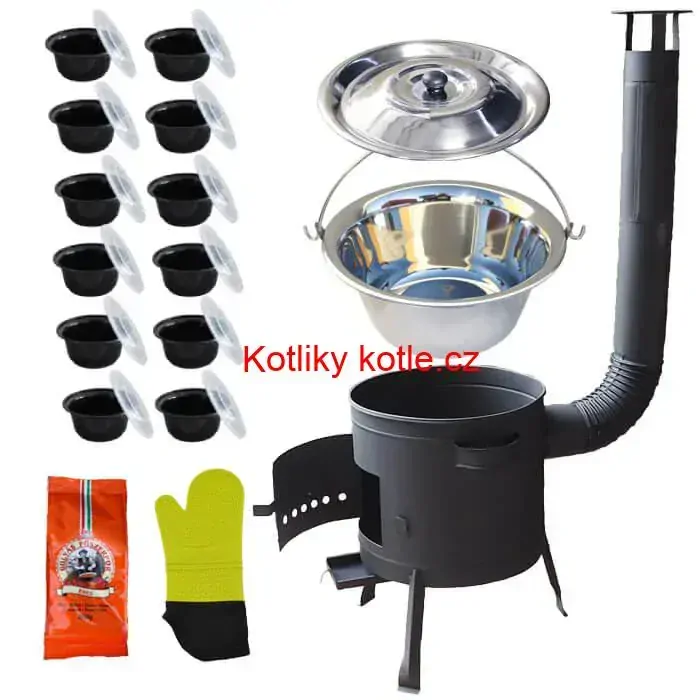 Nerezový kotlík 22 L (0,8 mm) + misky 12 ks + nízká žáruvzdorná kotlina (1,5 mm) 42 PLUS 600