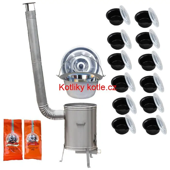 Nerezový kotlík 22 L (0,8 mm) INOX + nerezová kotlina 42 cm LUX + misky 12 ks + 2 x pepř na guláš 100 g