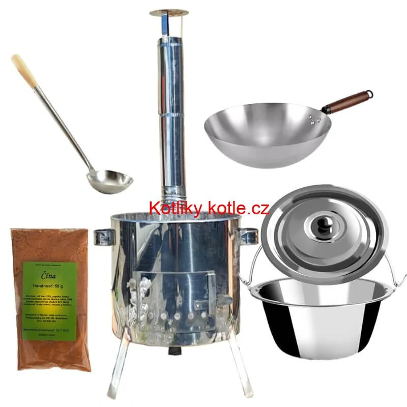 Nerezový kotlík 10 L (0,8 mm) + nerezová kotlina 31 INOX LUSTRO + Wok + koření 50 g