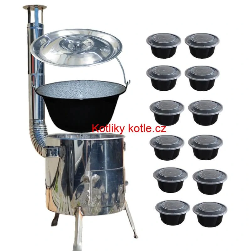 Smaltovaný kotlík 13 L + nerezová kotlina 36 INOX LUSTRO + misky 12 ks