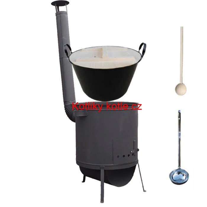 Smaltovaný kotel 100 L + žáruvzdorná kotlina 42 PLUS 600 4 MM + vařečka a naběračka BIG PARTY