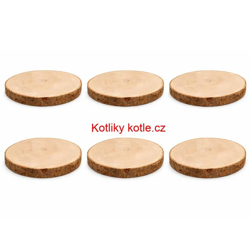 Sada 6 dřevěných podnosů z přírodního plátku dřeva s kůrou Ø 20–24 cm