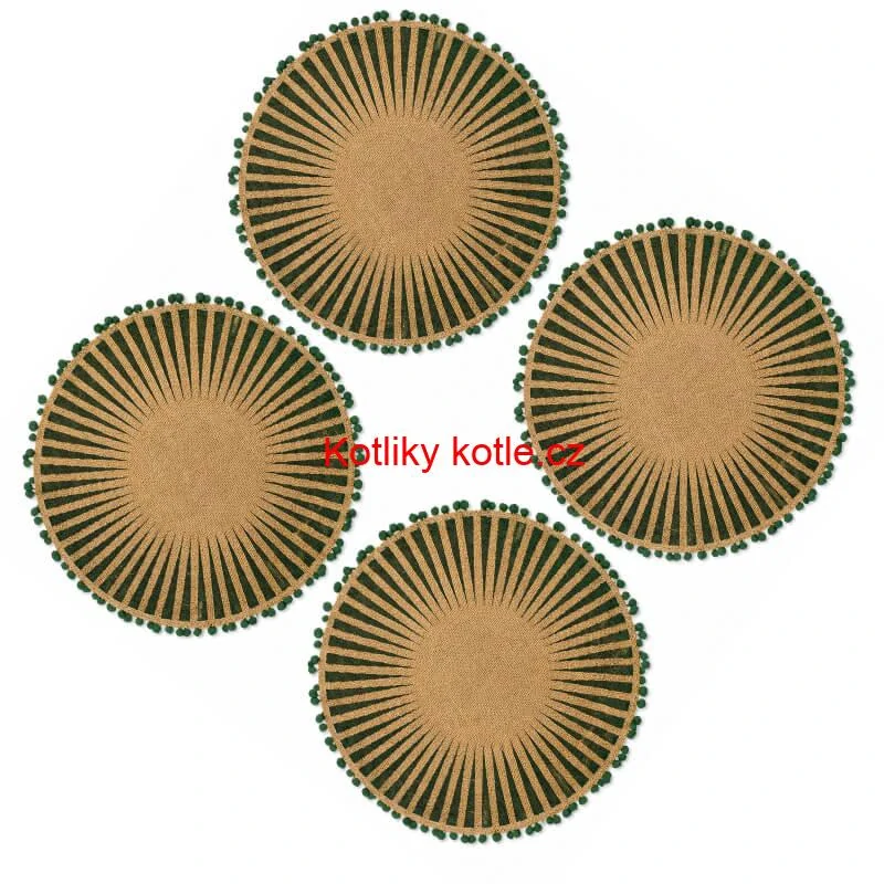 Kulaté jutové podložky pod talíř zelené s bambulkami 37 cm, 4 ks