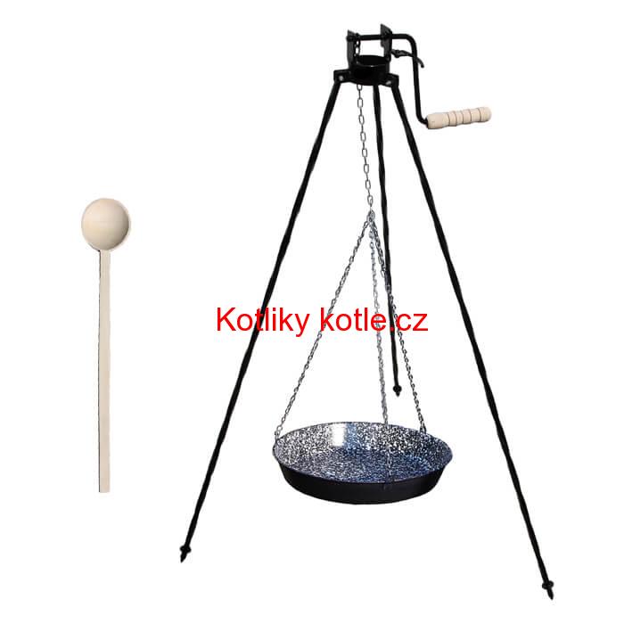 Smaltovaná pánev s řetízkem 42cm + trojnožka s pojistnou kladkou a vařečka GRILL