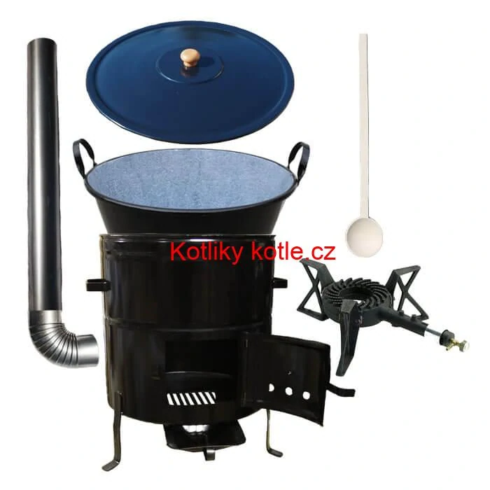 Zabijačkový smaltovaný kotel 70 L + kovová kotlina 56 cm + hořák 7 kW + kouřovod
