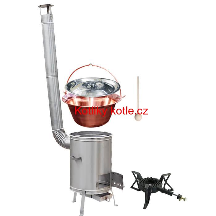 Měděný kotlík 14 L (1,2 mm) + nerezová kotlina 36 cm + litinový hořák 7 kW, vařečka LUX