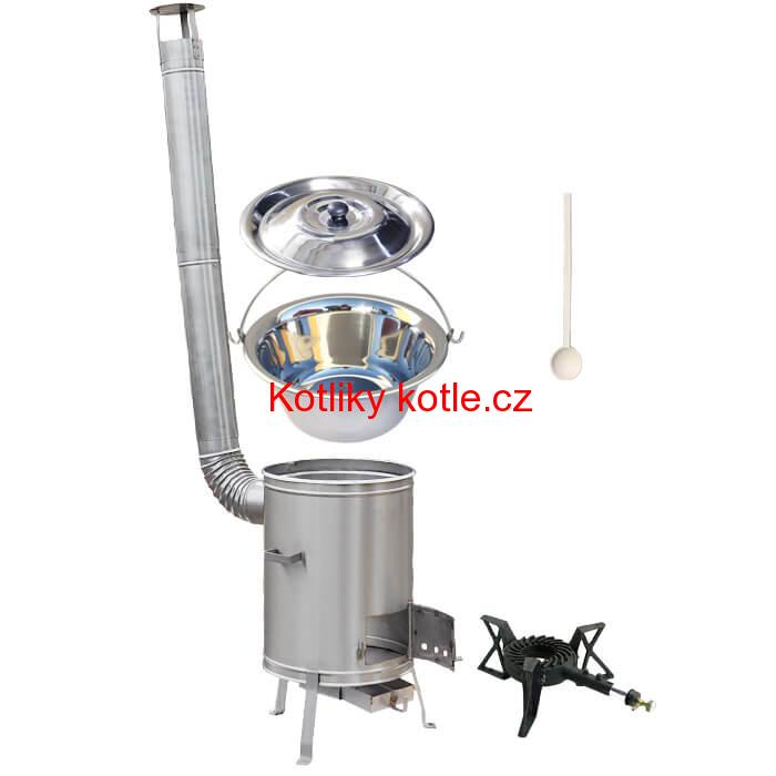 Nerezový kotlík 15 L (1,2 mm) + nerezová kotlina 36 cm + litinový hořák 7 kW, vařečka LUX