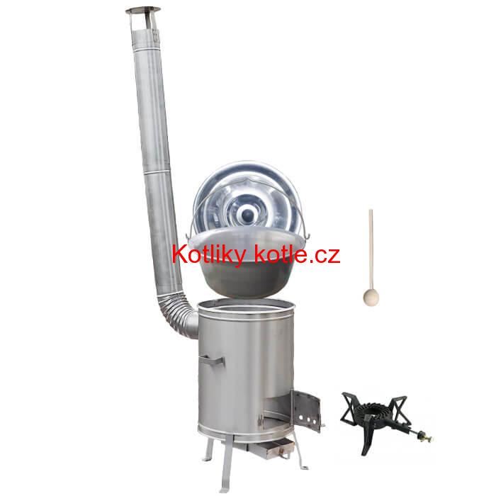 Nerezový kotlík 15 L (1,5 mm) + nerezová kotlina 36 cm + litinový hořák 7 kW, vařečka LUX