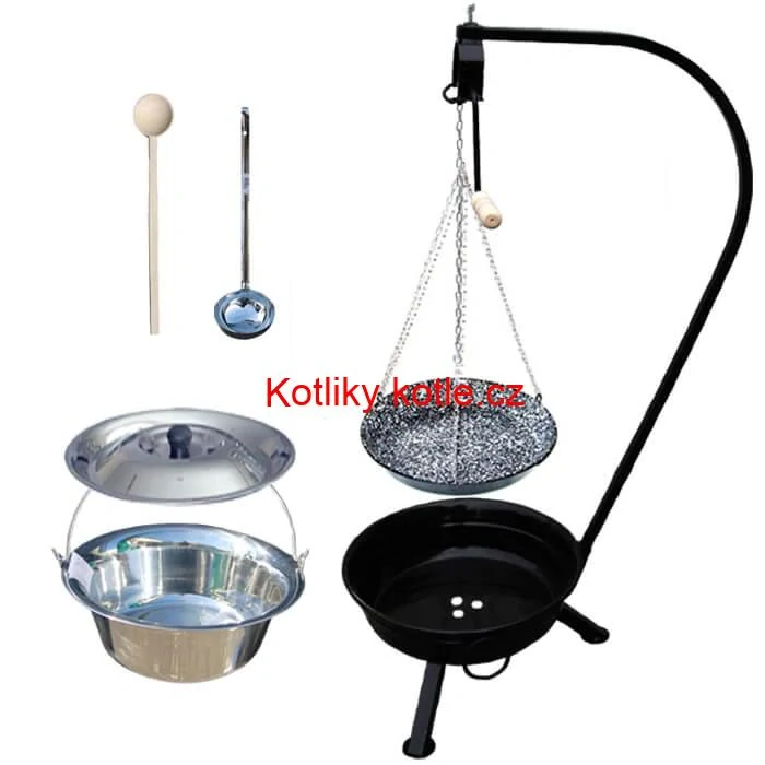 Nerezový kotlík 10 L (0,8 mm) INOX + smaltovaná pánev + ohniště se stojanem as pojistnou kladkou VAR