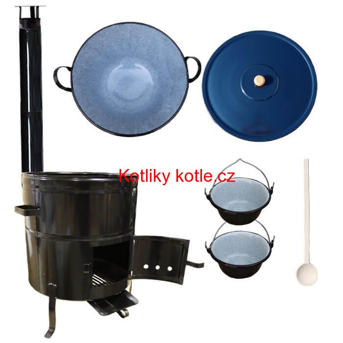 Zabijačkový smaltovaný kotel 80 L + kovová kotlina 58 cm + 2 servírovací kotlíky  a kouřovod
