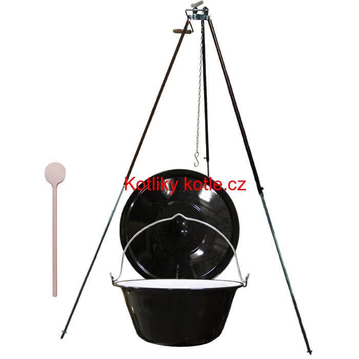 Smaltovaný kotlík 30 L (1,2 mm) + teleskopická trojnožka s pojistnou kladkou + poklice