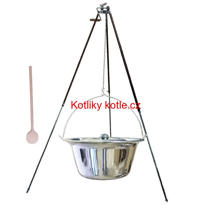 Nerezový kotlík 30 L (1,2 mm) + teleskopická trojnožka s pojistnou kladkou + poklice