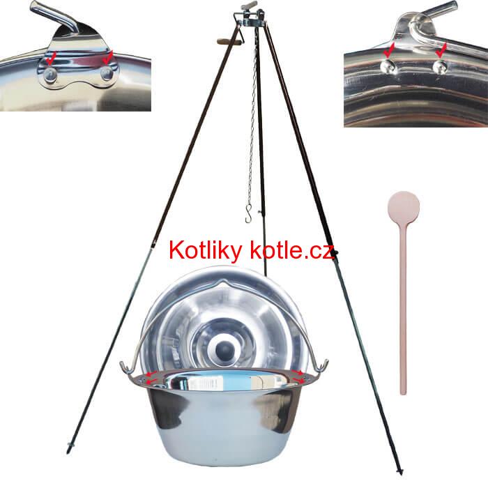 Nerezový kotlík 30 L (0,8 mm) s nýty + teleskopická trojnožka s pojistnou kladkou + poklice