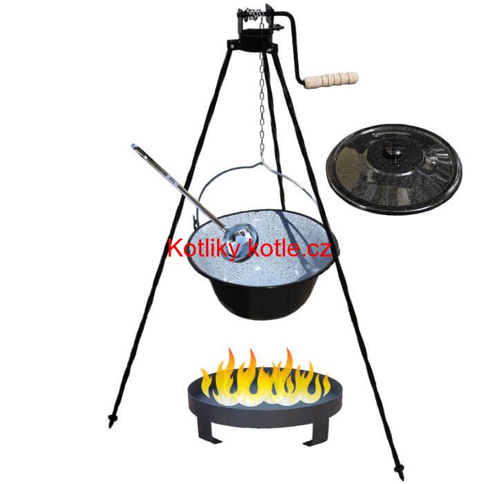 Smaltovaný kotlík 16 L (1,2 mm) + Ohniště + stojan s kladkou VAR