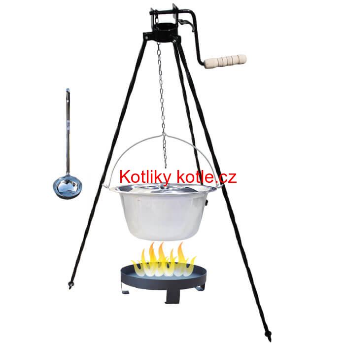 Nerezový kotlík 14 L (0,8 mm) + Ohniště + stojan s kladkou VAR