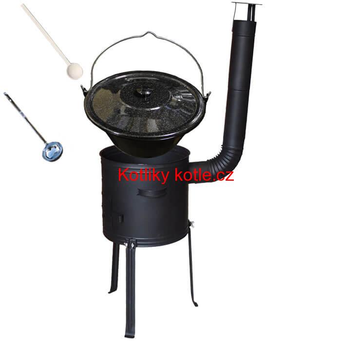 Smaltovaný kotlík 20 L (1,2 mm) + kovová kotlina s vysokými nožičkami 42 cm + vařečka a naběračka
