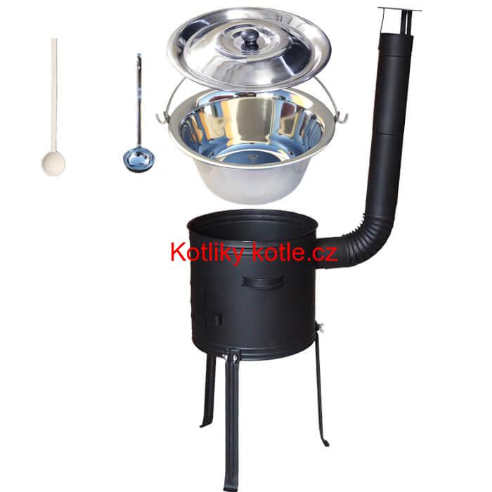 Nerezový kotlík 22 L (0,8 mm) + kovová kotlina s vysokými nožičkami 42 cm + vařečka a naběračka