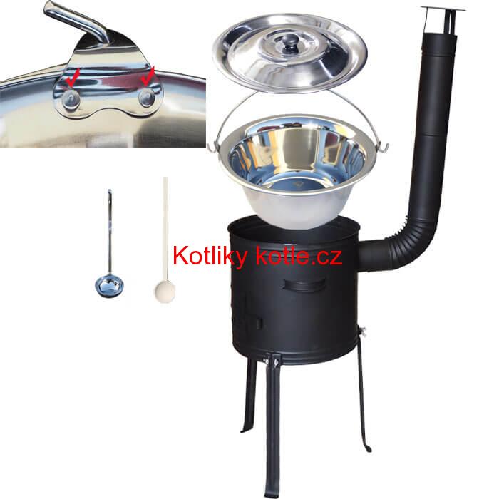 Nerezový kotlík 15 L (0,8 mm) zesílený s nýty + kovová kotlina s vysokými nožičkami 36 cm, žáruvzdorná barva Plus 700 + vařečka a naběračka