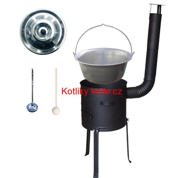 Nerezový kotlík 15 L (1,5 mm) + kovová kotlina s vysokými nožičkami 36 cm, žáruvzdorná barva Plus 700 + vařečka a naběračka