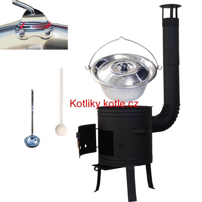 Nerezový kotlík 10 L (0,8 mm) s nýty + nízká žáruvzdorná kotlina 33 cm PLUS 700 + vařečka a naběračka