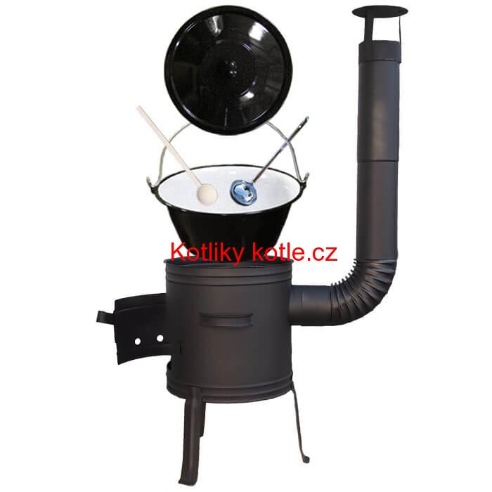 Smaltovaný kotlík 10 L (1,2 mm) + nízká žáruvzdorná kotlina 33 cm PLUS 700 + vařečka a naběračka
