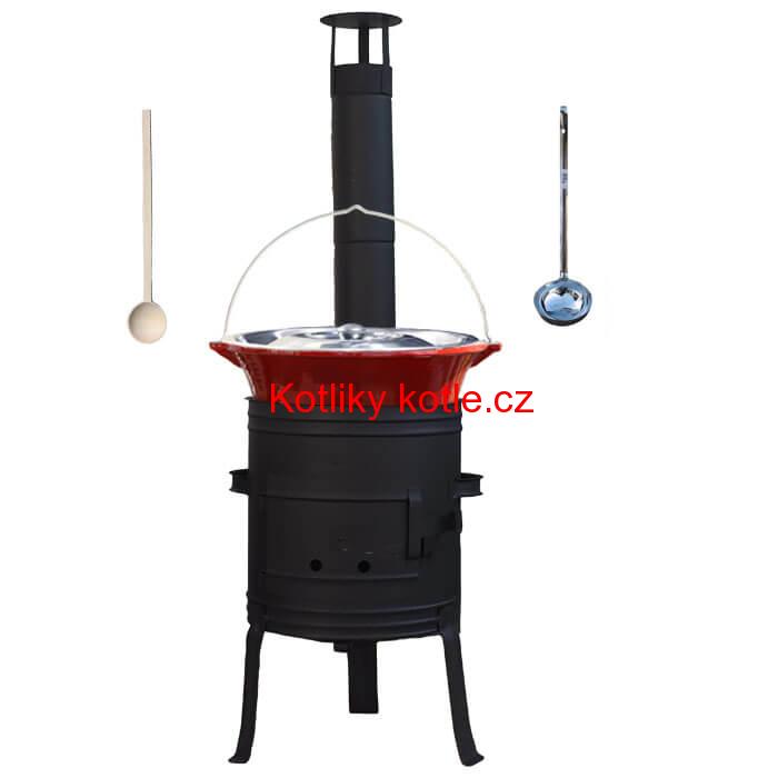 Litinový kotlík 10 L se smaltovanou úpravou + nízká žáruvzdorná kotlina 33 cm PLUS 700 + vařečka a naběračka