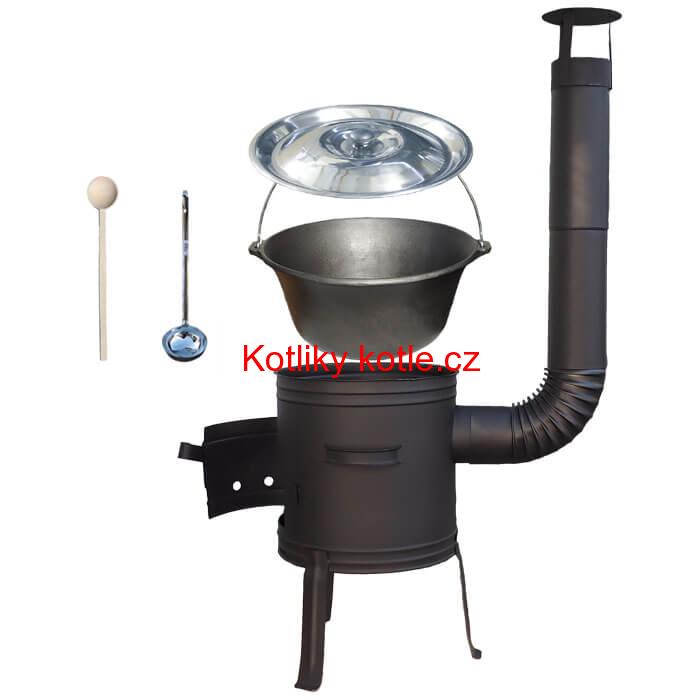 Litinový kotlík 10 L + nízká žáruvzdorná kotlina 33 cm PLUS 700 + vařečka a naběračka