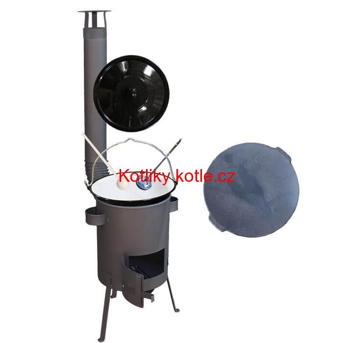 Smaltovaný kotlík 20 L + Litinová pánev 45 cm + žáruvzdorná kotlina 42 PLUS 600 s roštem na popel 4 mm