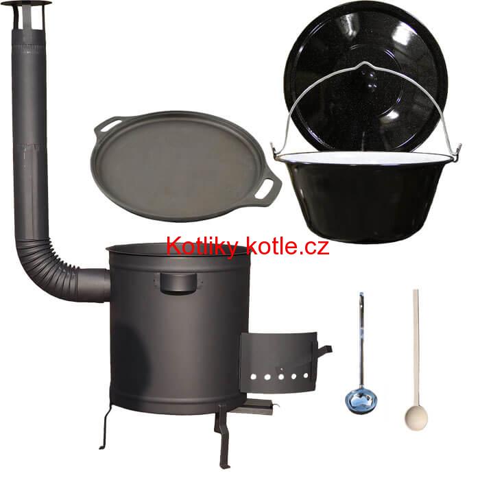 Smaltovaný kotlík 20 L (1,2 mm) + Litinová pánev 43 cm + silnostěnná (1,5 mm) a žáruvzdorná kotlina 42 PLUS 600