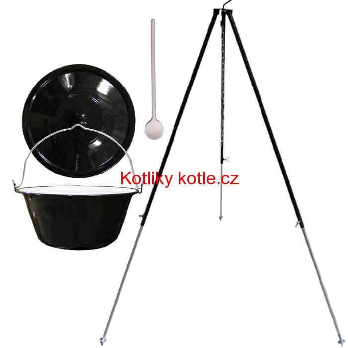 Smaltovaný kotlík 30 L + poklice + teleskopicka trojnožka 1,7 m