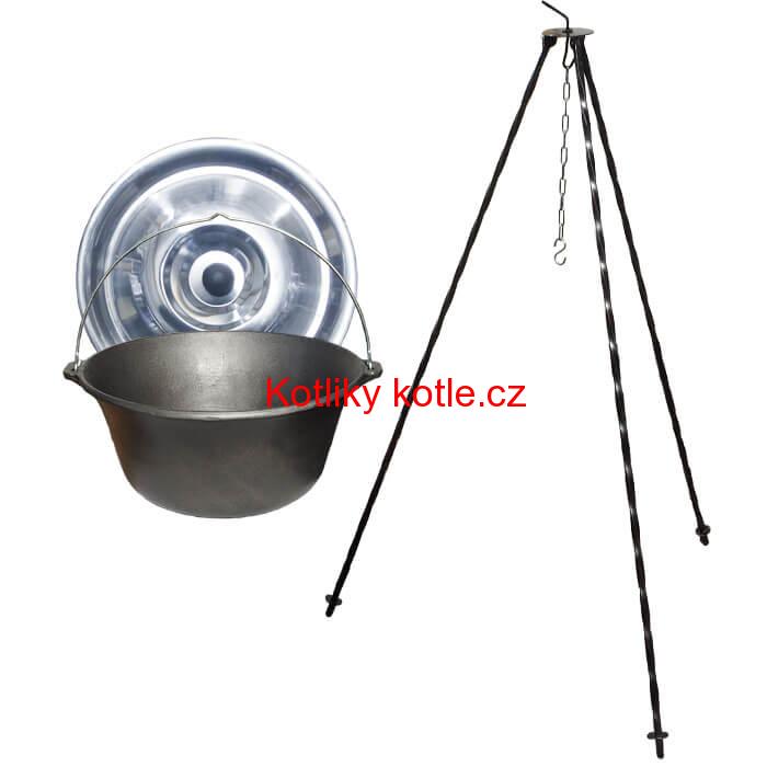 Litinový kotlík 10,8 L + poklice  + trojnožka 1,2 m