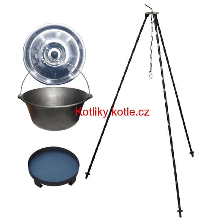 Litinový kotlík 10,8 L + nerezová poklice  + trojnožka 1,2 m + ohniště 36 cm