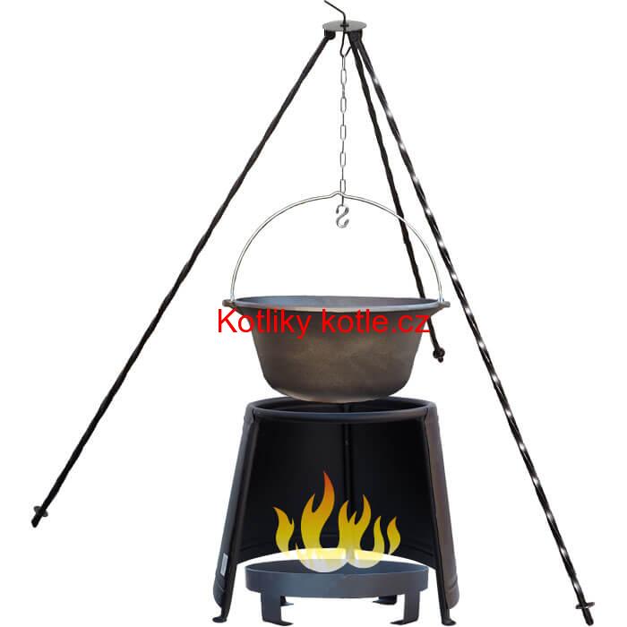 Litinový kotlík 10,8 L + chránič plamene 37 cm + ohniště 36 cm + trojnožka 1,2 m
