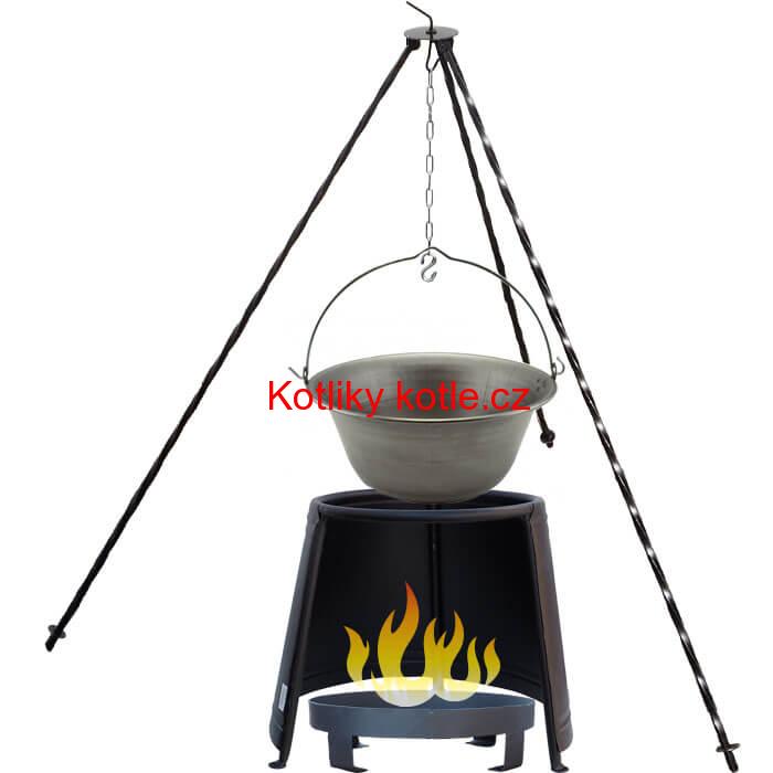 Železný kotlík 10 L (0,75 mm) + chránič plamene 37 cm + ohniště 36 cm + trojnožka 1,2 m