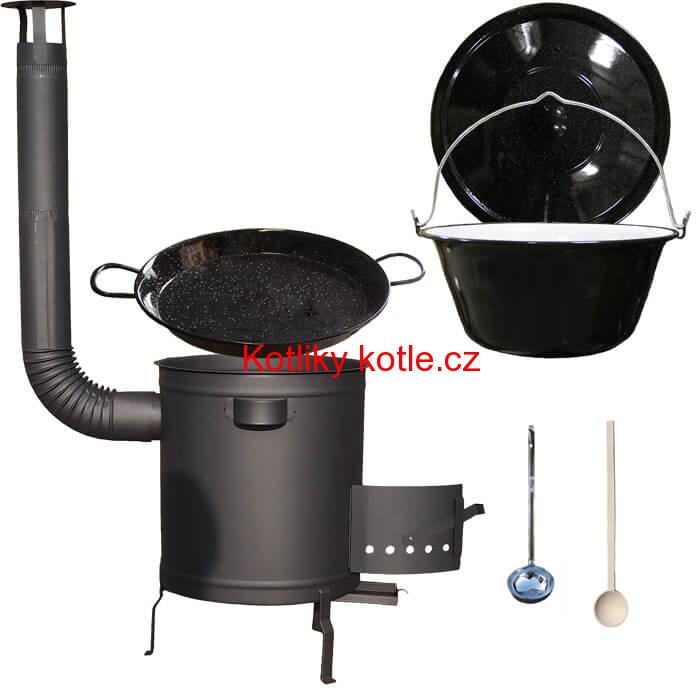 Smaltovaný kotlík 13 L (1,2 mm) + Paella pánev 38 cm + silnostěnná (1,5 mm) žáruvzdorná kotlina (1,5 mm) 36 PLUS 600