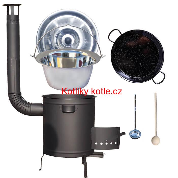 Nerezový kotlík 14 L (0,8 mm) + Paella pánev 38 cm + silnostěnná (1,5 mm) žáruvzdorná kotlina (1,5 mm) 36 PLUS 600
