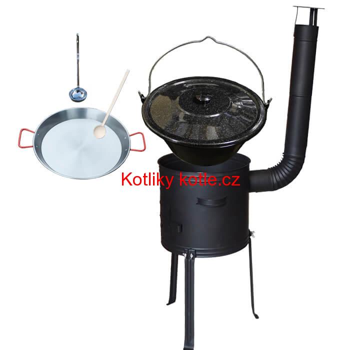 Smaltovaný kotlík 13 L (1,2 mm) + Paella pánev 38 cm + kotlina s vysokými nožičkami 36 cm, žáruvzdorná barva Plus 700