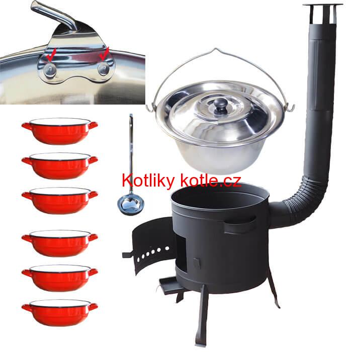 Nerezový kotlík 15 L (0,8 mm) s nýty INOX + selské misky 6 ks + nízká žáruvzdorná kotlina 36 cm PLUS 600