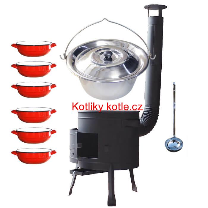 Nerezový kotlík 22 L (0,8 mm) INOX + selské misky 6 ks + nízká žáruvzdorná kotlina 42 cm PLUS 600
