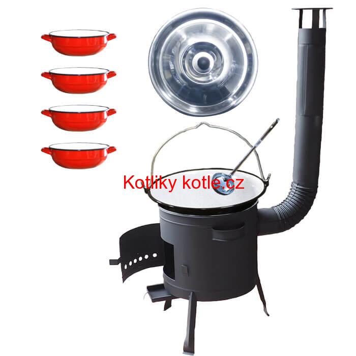 Smaltovaný kotlík 16 L + selské misky 4 ks + nízká žáruvzdorná kotlina 39 cm PLUS 600