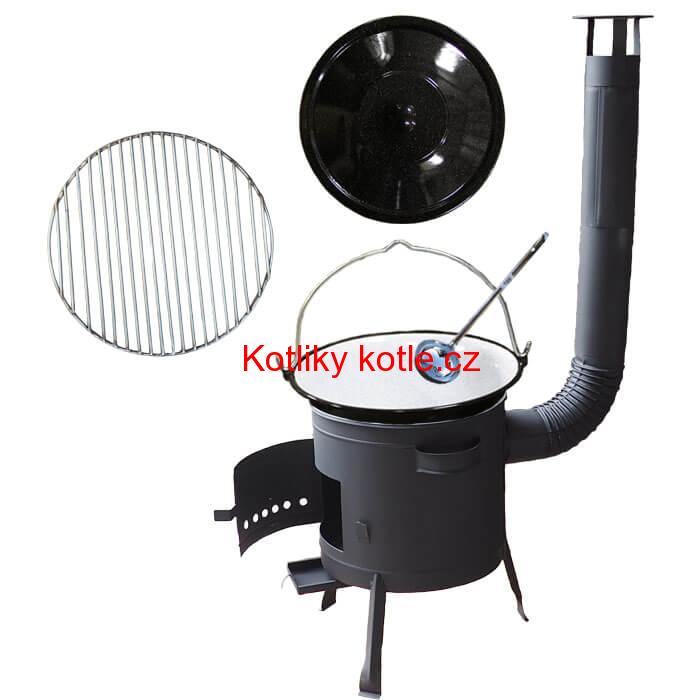 Smaltovaný kotlík 25 L + Nerezový rošt 45 cm + nízká žáruvzdorná kotlina 42 cm PLUS 600