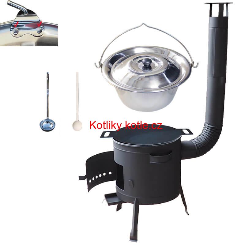 Nerezový kotlík 15 L (0,8 mm) s nýty + železná pánev 38 cm UNI + kotlina 36 cm PLUS 600