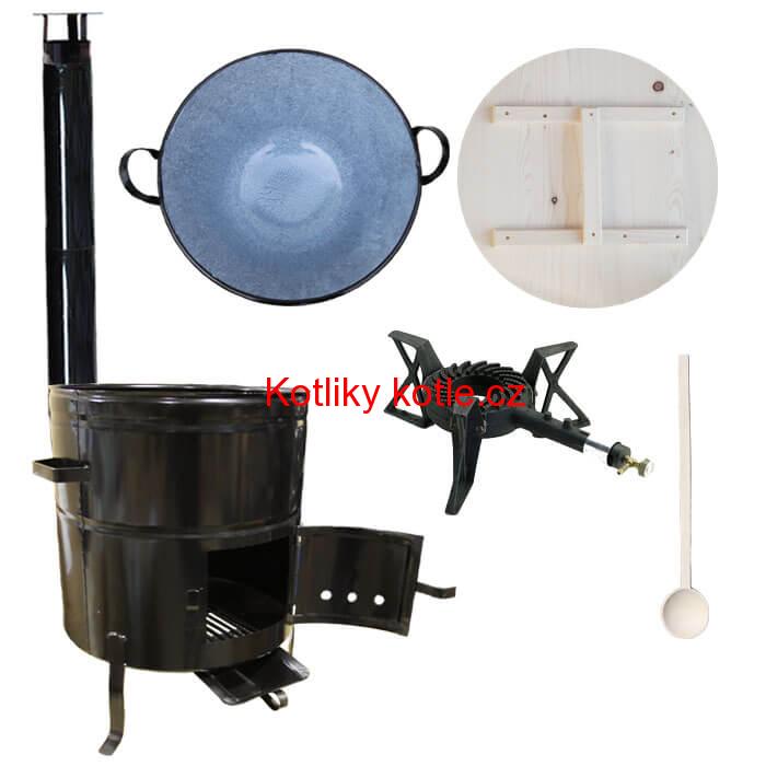 Zabijačkový smaltovaný kotel 100 L + kovová kotlina 60 cm + hořák 7 kW a  kouřovod