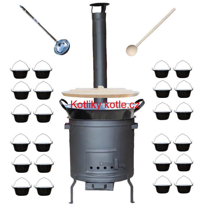 Smaltovaný kotel 100 L + servírovací kotlíky (24 ks) + vařečka a naběračka BIG PARTY PLUS 600